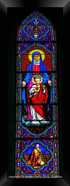 Colorful Mary Jesus Bishop Stained Glass Notre Dame Tahiti Framed Print by William Perry