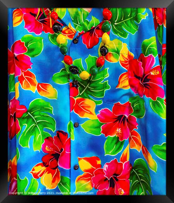 Colorful Hawaiian Red Hibiscus Blue Shirt Maui Hawaii Framed Print by William Perry