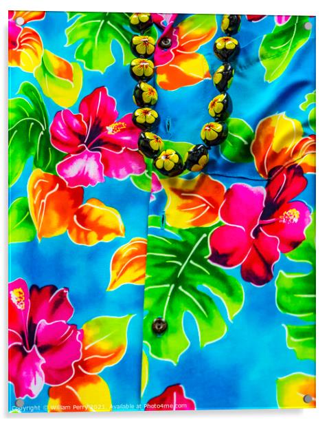 Colorful Hawaiian Red Hibiscus Blue Shirt Maui Hawaii Acrylic by William Perry