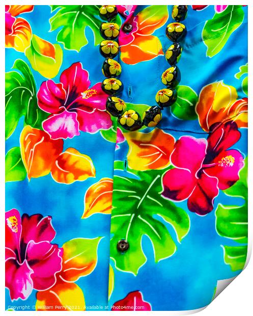 Colorful Hawaiian Red Hibiscus Blue Shirt Maui Hawaii Print by William Perry