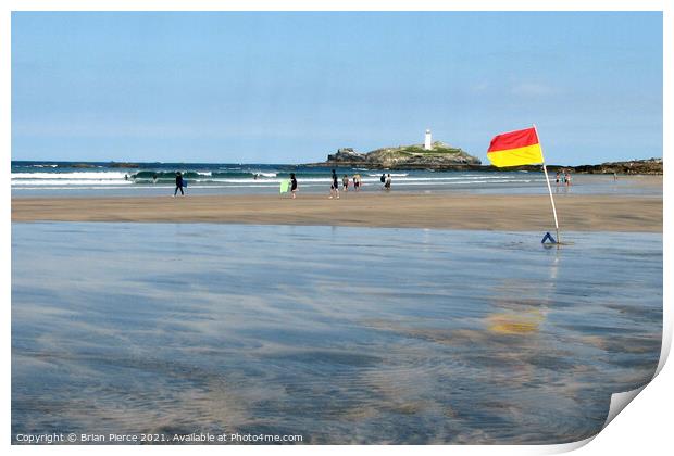 Surfers at Godrevy Lighthouse Print by Brian Pierce