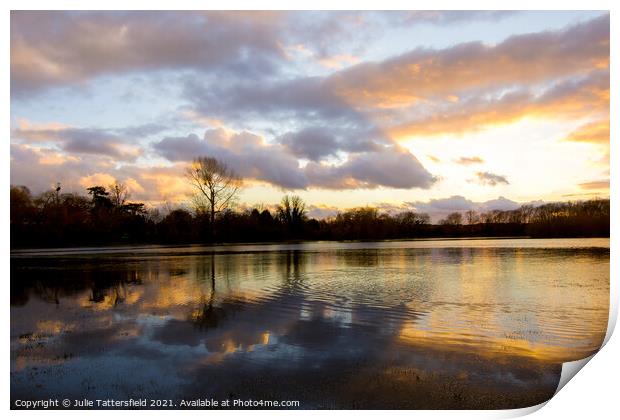 winter sunset reflections in Oxfordshire Print by Julie Tattersfield