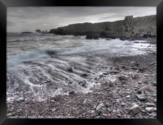Receding Wave Needle Eye Rock Beach Scotland Framed Print by OBT imaging