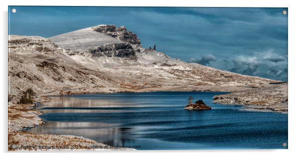 The Storr and loch Fada on Sunday 24th of January 2021. Acrylic by Richard Smith