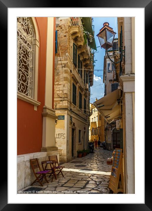Narrow street in Corfu Town Framed Mounted Print by Kevin Hellon