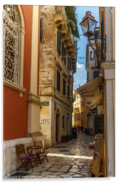 Narrow street in Corfu Town Acrylic by Kevin Hellon