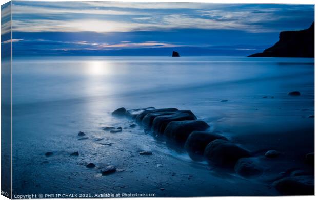 Saltwick bay Blue hour at black nab near Whitby 12 Canvas Print by PHILIP CHALK