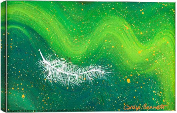 Spiritual white feather with green waves Canvas Print by Simon Bratt LRPS