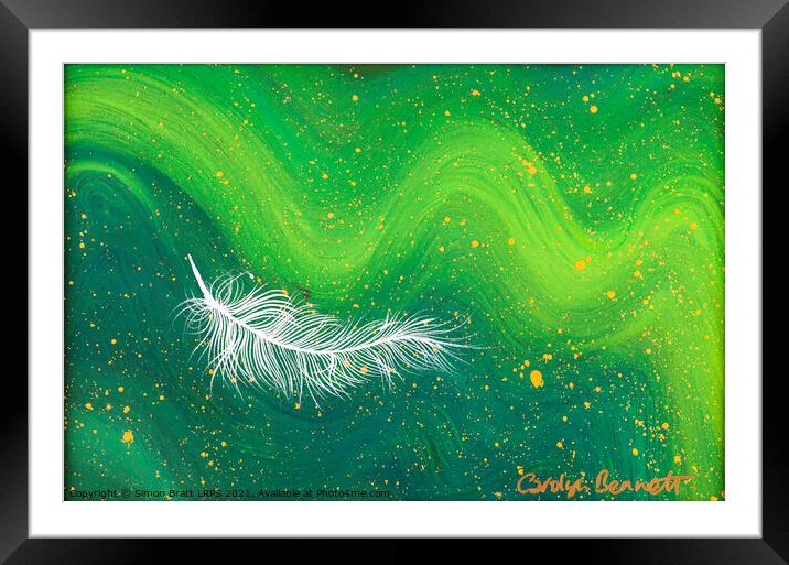 Spiritual white feather with green waves Framed Mounted Print by Simon Bratt LRPS