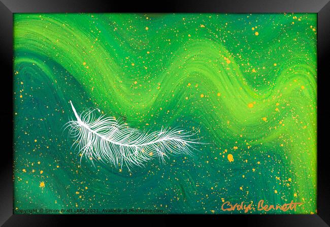 Spiritual white feather with green waves Framed Print by Simon Bratt LRPS