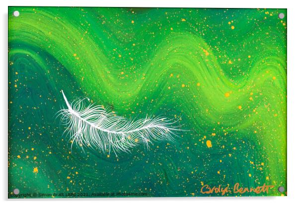 Spiritual white feather with green waves Acrylic by Simon Bratt LRPS