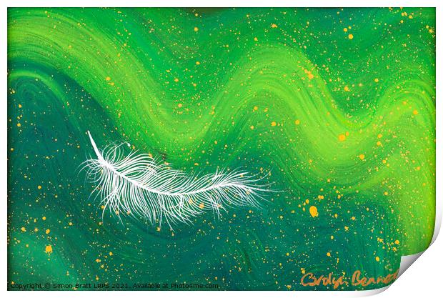 Spiritual white feather with green waves Print by Simon Bratt LRPS