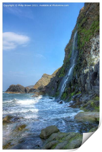 The Waterfall cascades into the sea at Tresaith, S Print by Philip Brown