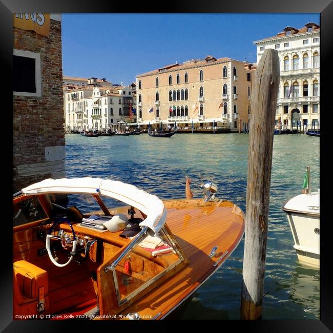 Beautiful Motor Launch at the Grand Canal, Venice Framed Print by Charles Kelly