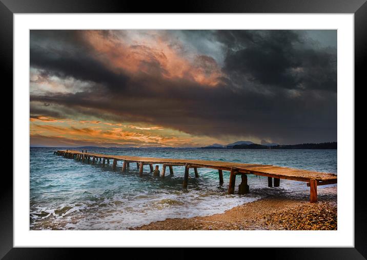 The Old wooden Jetty at Ipsos beach in Corfu at Sunrise Framed Mounted Print by Dave Williams