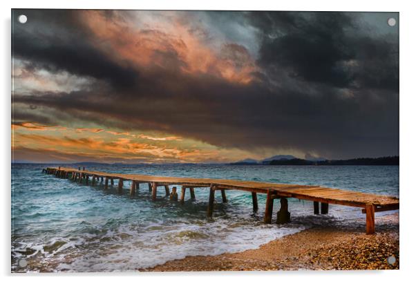 The Old wooden Jetty at Ipsos beach in Corfu at Sunrise Acrylic by Dave Williams