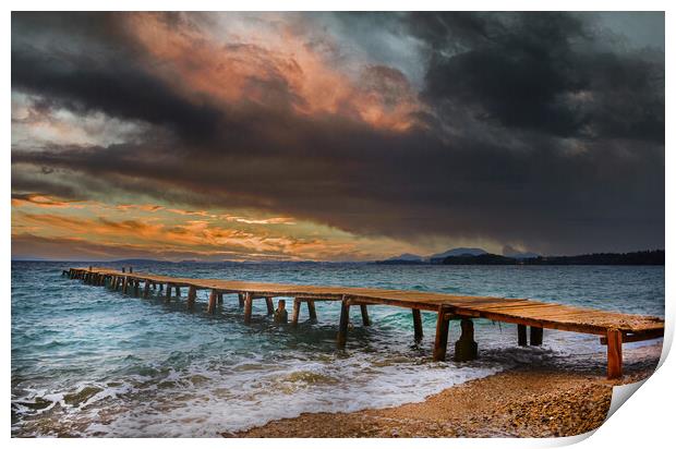 The Old wooden Jetty at Ipsos beach in Corfu at Sunrise Print by Dave Williams