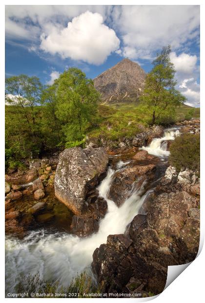 Buachaille Etive Mor Waterfall in Summer  Print by Barbara Jones