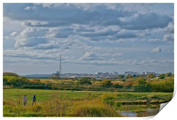 Southend on Sea skyline from Gunners Park Nature Reserve, Shoeburyness, Essex, UK. Print by Peter Bolton
