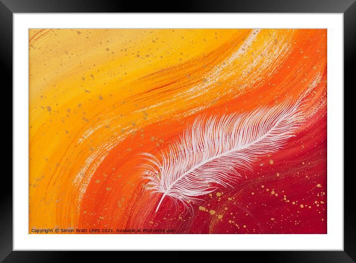 Spiritual white feather with orange wave Framed Mounted Print by Simon Bratt LRPS
