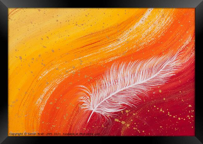 Spiritual white feather with orange wave Framed Print by Simon Bratt LRPS
