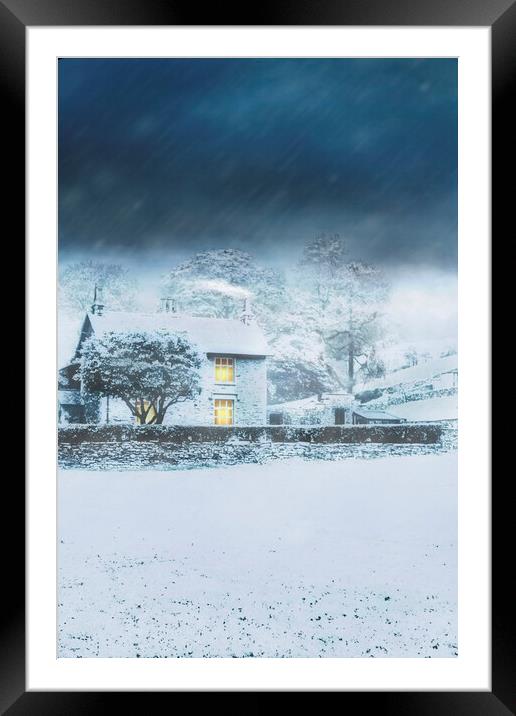 Cumbrian Cottage in snow storm Framed Mounted Print by Maggie McCall
