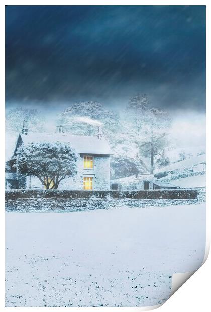 Cumbrian Cottage in snow storm Print by Maggie McCall