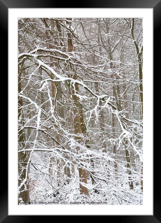 woodland winter blizzard Framed Mounted Print by Simon Johnson