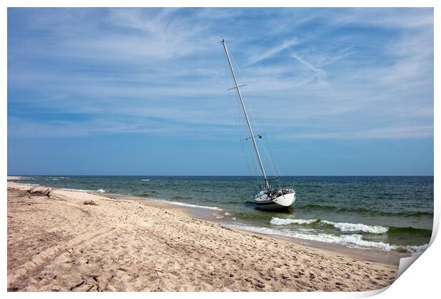 Lonely Sail Boat Moored At Baltic Sea Beach Print by Artur Bogacki