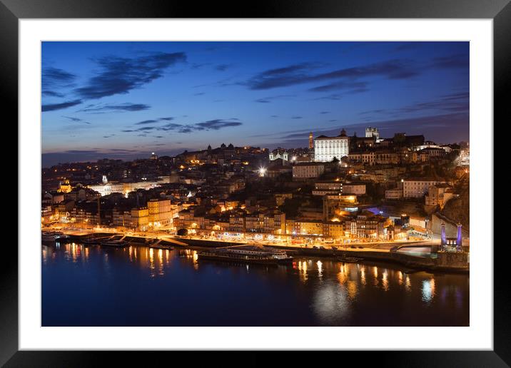 City of Porto Night Cityscape in Portugal Framed Mounted Print by Artur Bogacki