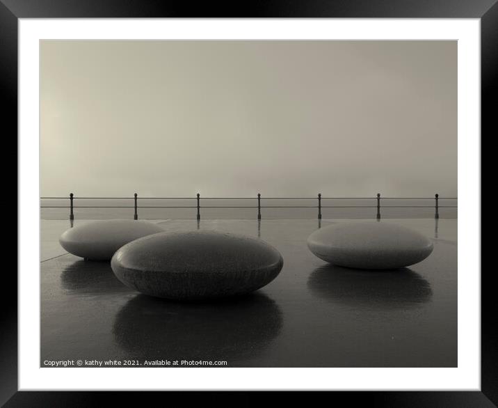 peblbes-seats-Penzance--black-and-white-with-a-vie Framed Mounted Print by kathy white