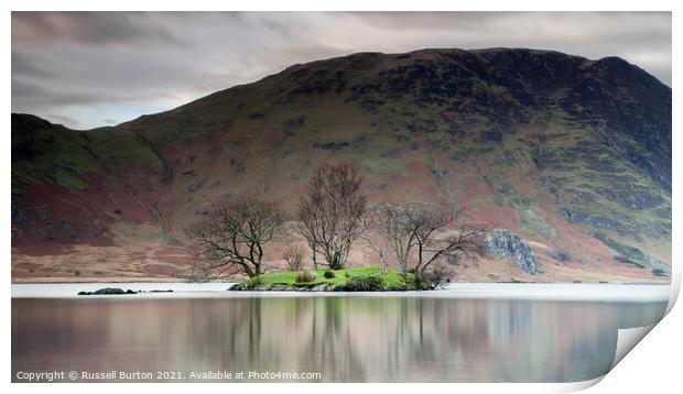 Island reflections in Crummock water  Print by Russell Burton