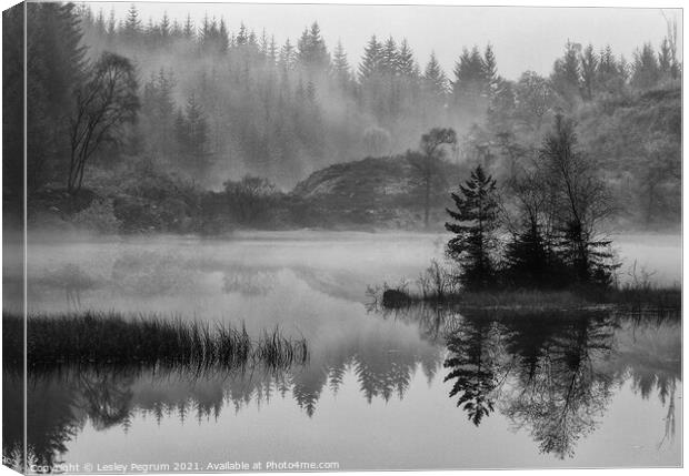 Misty Loch Trossachs Canvas Print by Lesley Pegrum