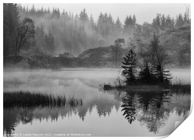 Misty Loch Trossachs Print by Lesley Pegrum