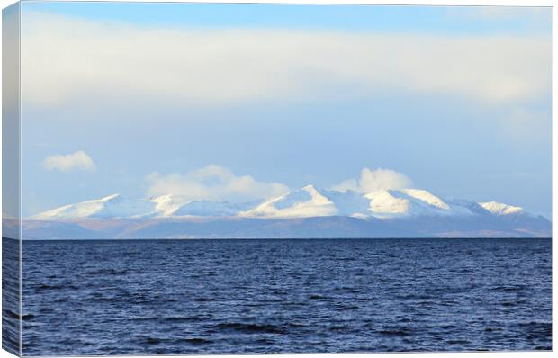 Isle of Arran and snow capped mountains Canvas Print by Allan Durward Photography