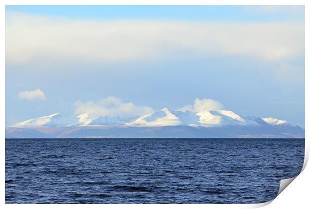 Isle of Arran and snow capped mountains Print by Allan Durward Photography