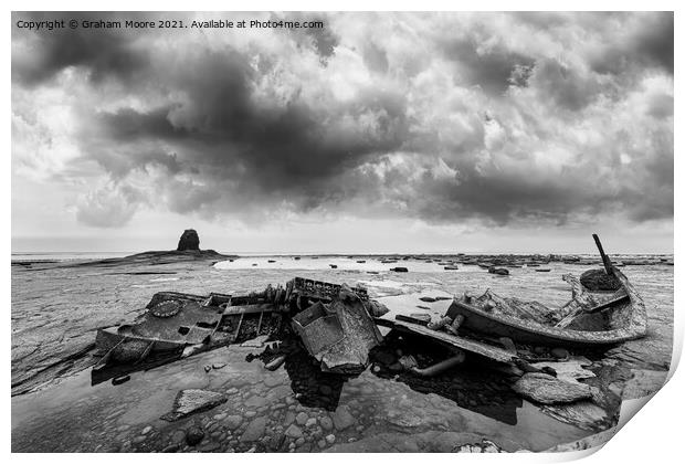 Black Nab and wreck monochrome Print by Graham Moore