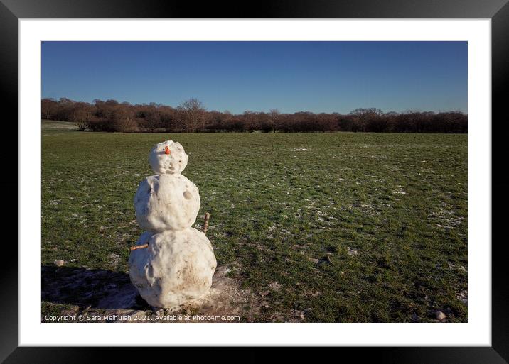 Snowman in a field Framed Mounted Print by Sara Melhuish