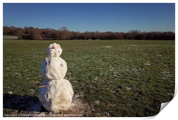 Snowman in a field Print by Sara Melhuish
