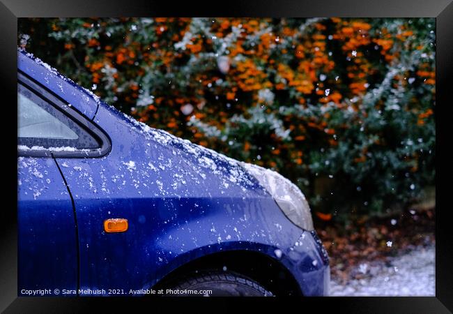 A blue car in the snow Framed Print by Sara Melhuish