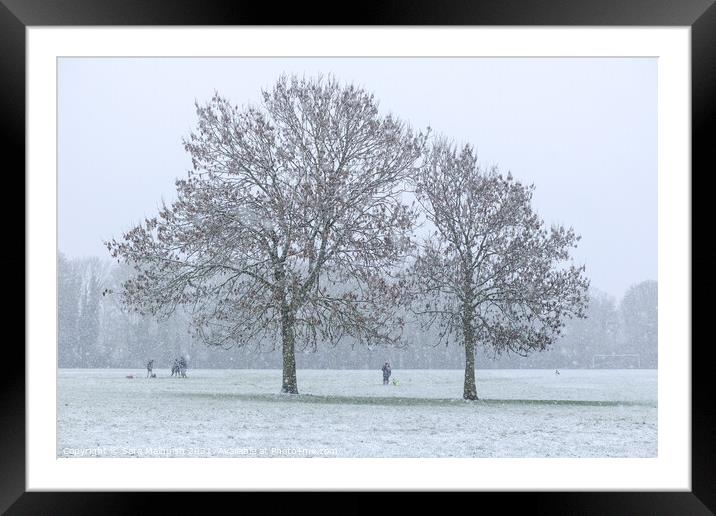Snow covered trees in London park Framed Mounted Print by Sara Melhuish