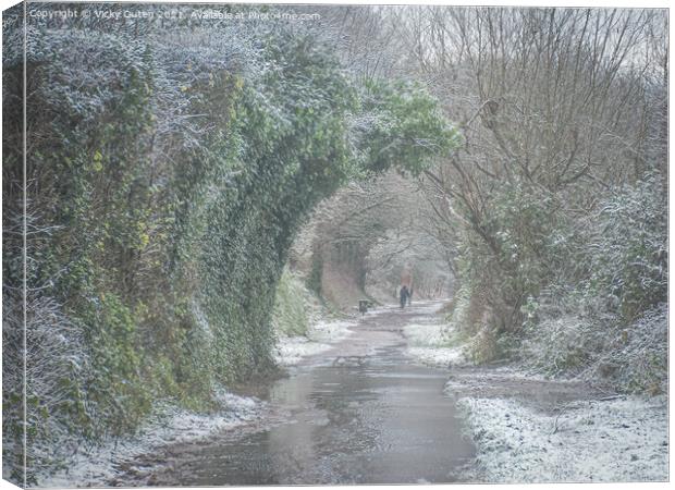 A snowy day along a path with trees  Canvas Print by Vicky Outen