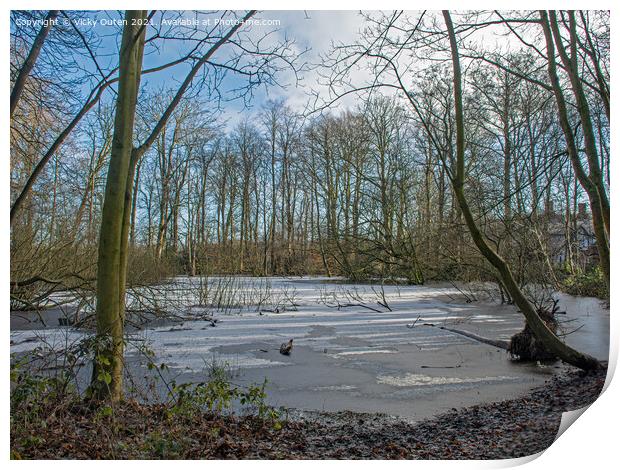 Frozen pond with snow surrounded by trees  Print by Vicky Outen