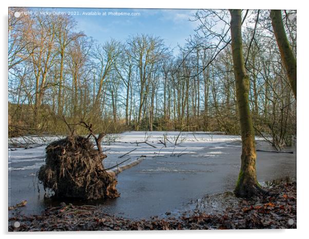 A fallen tree in a frozen pond with snow on fallen Acrylic by Vicky Outen