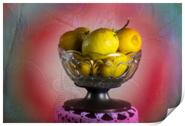 Rather ninimalistic still life with a glass bowl full of fruit Print by Jose Manuel Espigares Garc