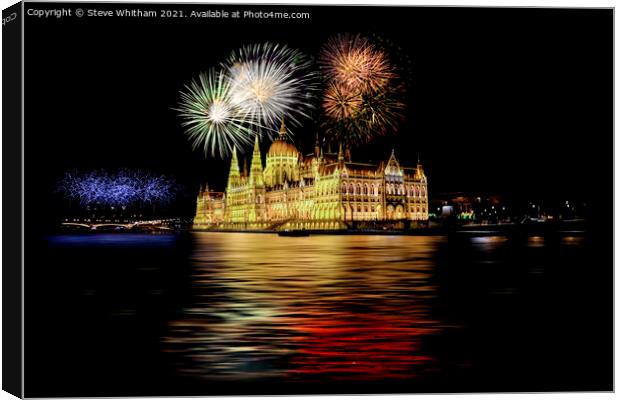 Parliament Building Fireworks, Budapest. Canvas Print by Steve Whitham