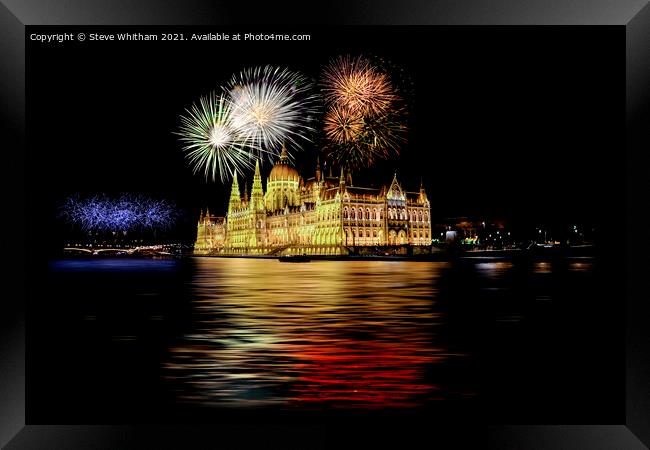 Parliament Building Fireworks, Budapest. Framed Print by Steve Whitham