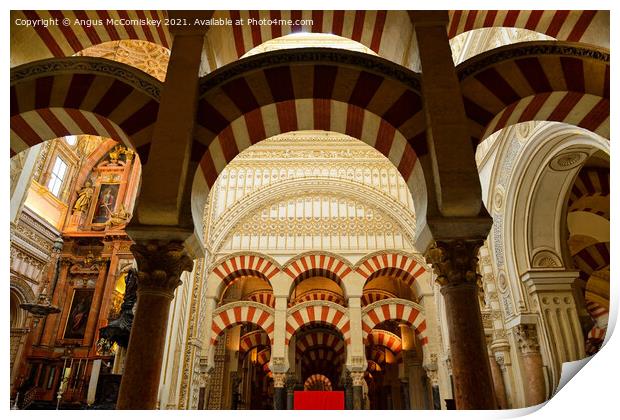 Pillars and arches in Cordoba Cathedral Print by Angus McComiskey