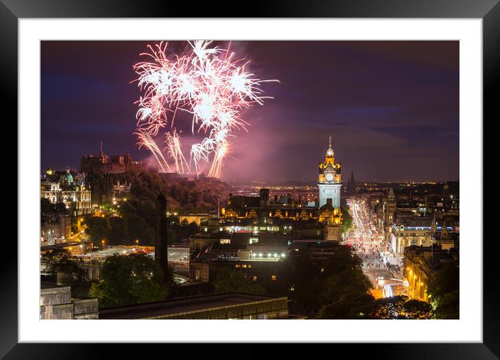 Edinburgh Cityscape with fireworks Framed Mounted Print by Andrea Obzerova