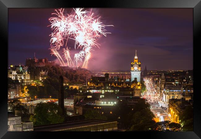 Edinburgh Cityscape with fireworks Framed Print by Andrea Obzerova